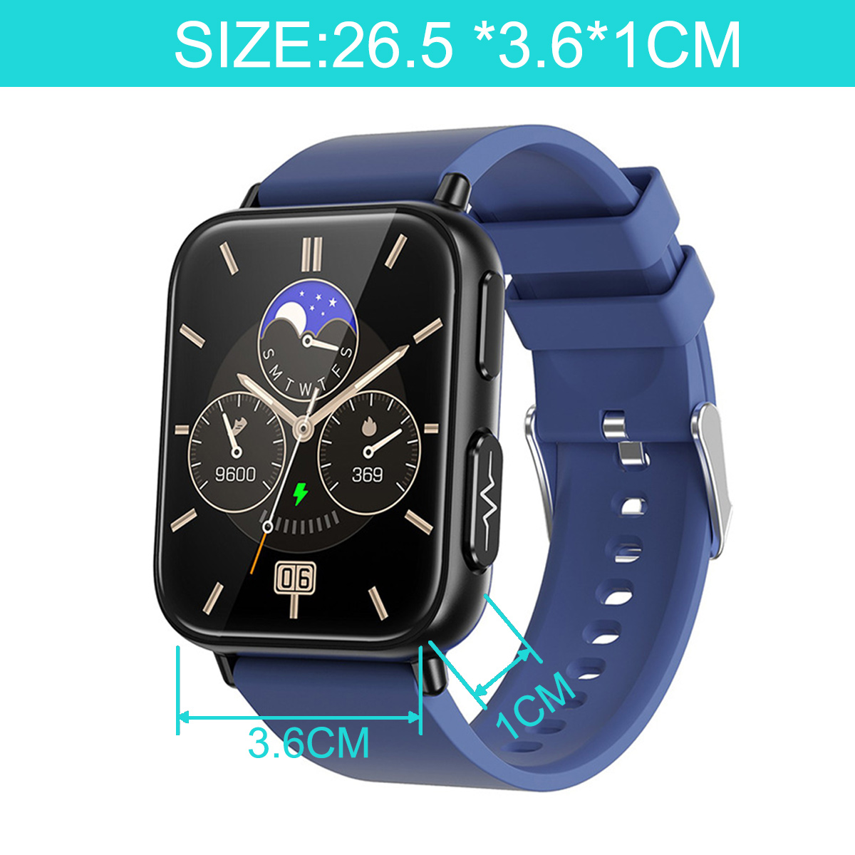 Smartwatch mit blauem Armband. Schwarzer Bildschirm mit Zeit und Daten. Weißer Hintergrund.