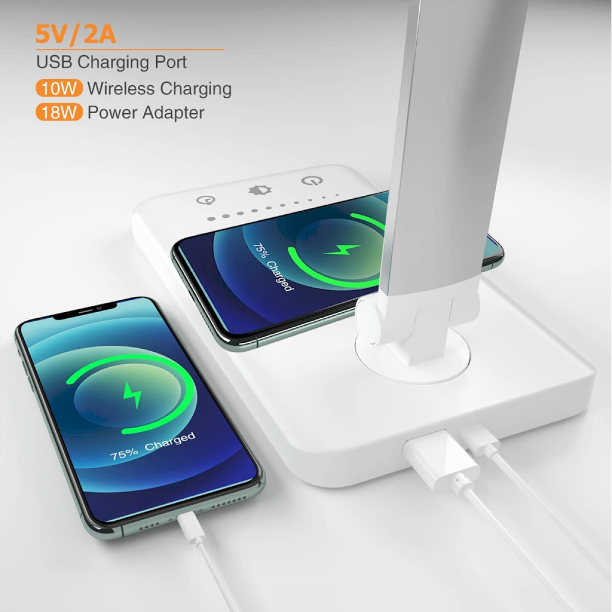 Weiße Ladestation mit zwei Ladetelefonen. 75% geladen. 10W kabelloses Laden und 18W Netzteil.