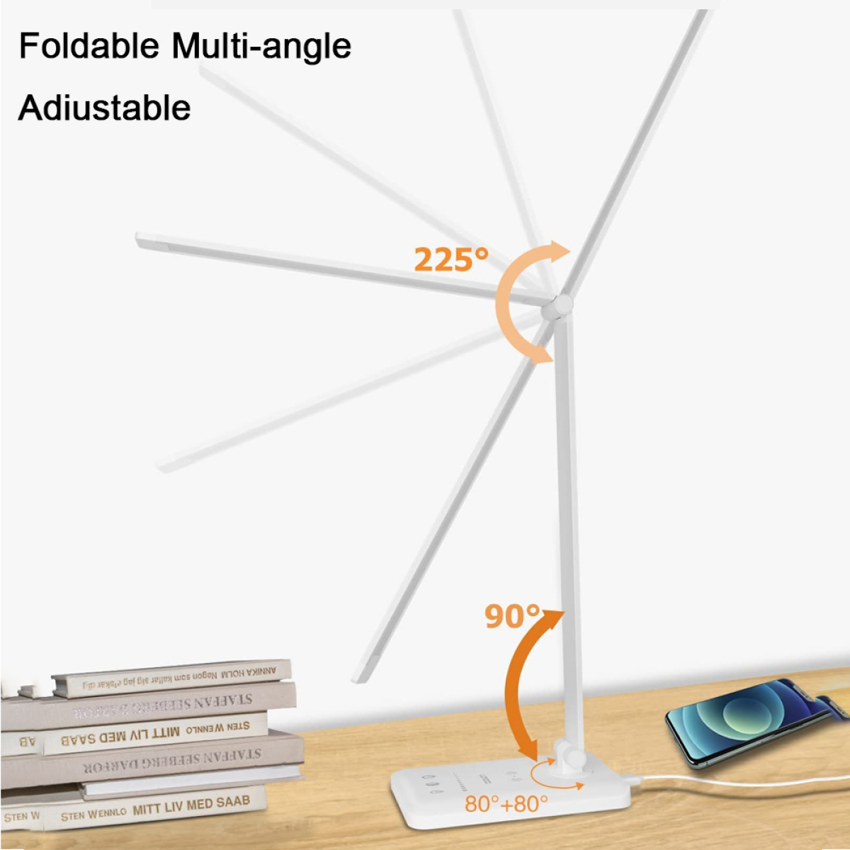 Weiße Schreibtischlampe mit Mehrfachwinkel-Einstellbarkeit, mit einem Telefon, das auf der Basis geladen wird.