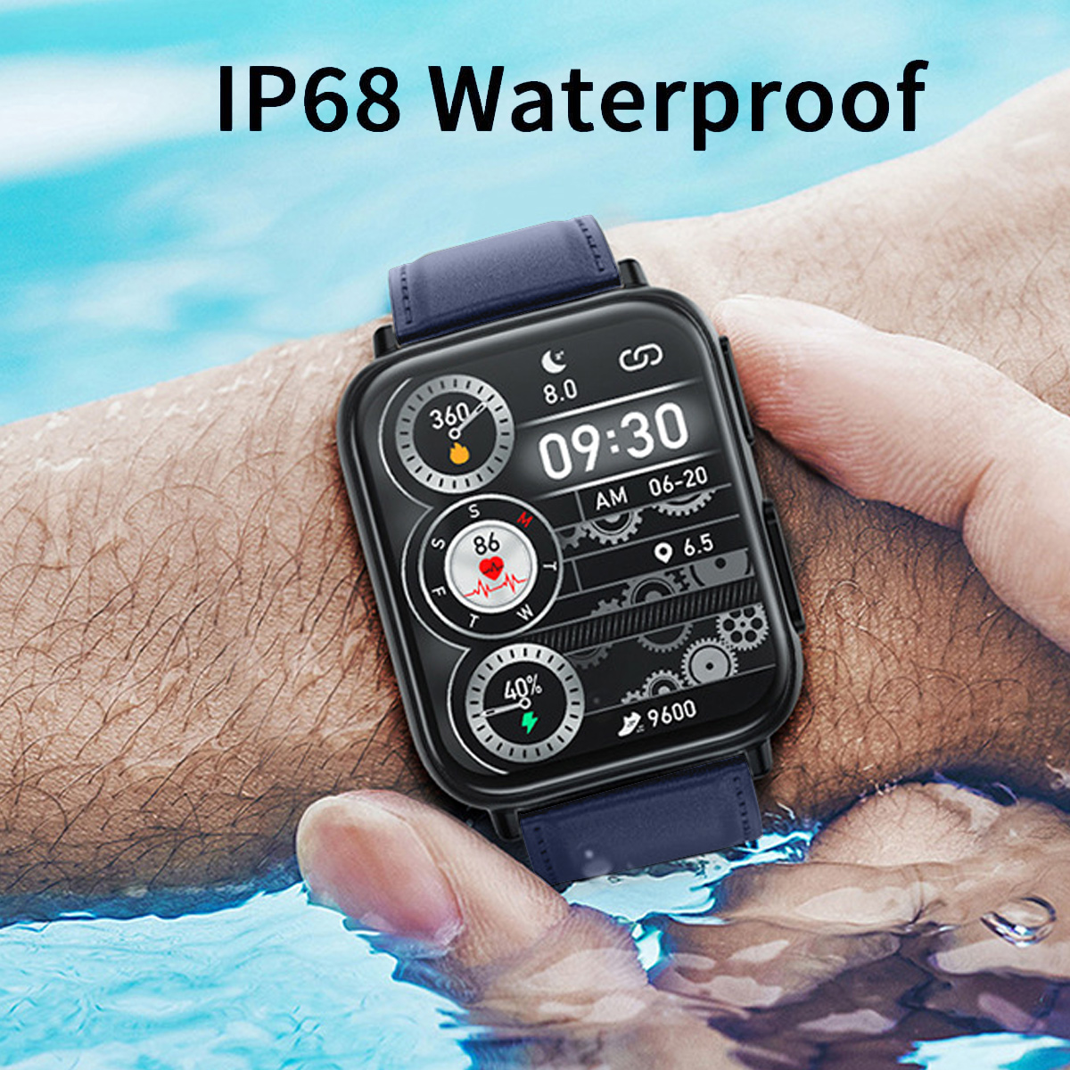Smartwatch im Wasser, zeigt Gesundheitsdaten und die Uhrzeit.