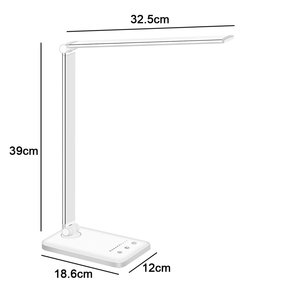 Weiße Schreibtischlampe mit beschrifteten Abmessungen. Die Lampe hat einen rechteckigen Fuß und einen verstellbaren Arm.