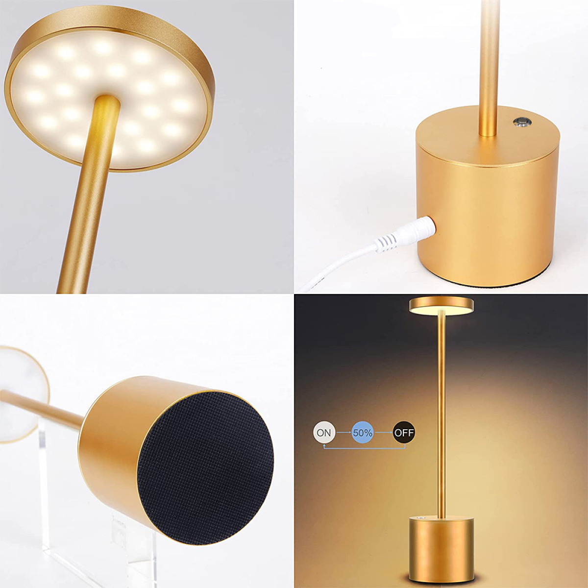 Eine goldene Tischlampe mit rundem Licht und Sockel. Zeigt einen Power-Knopf und Ladeanschluss.