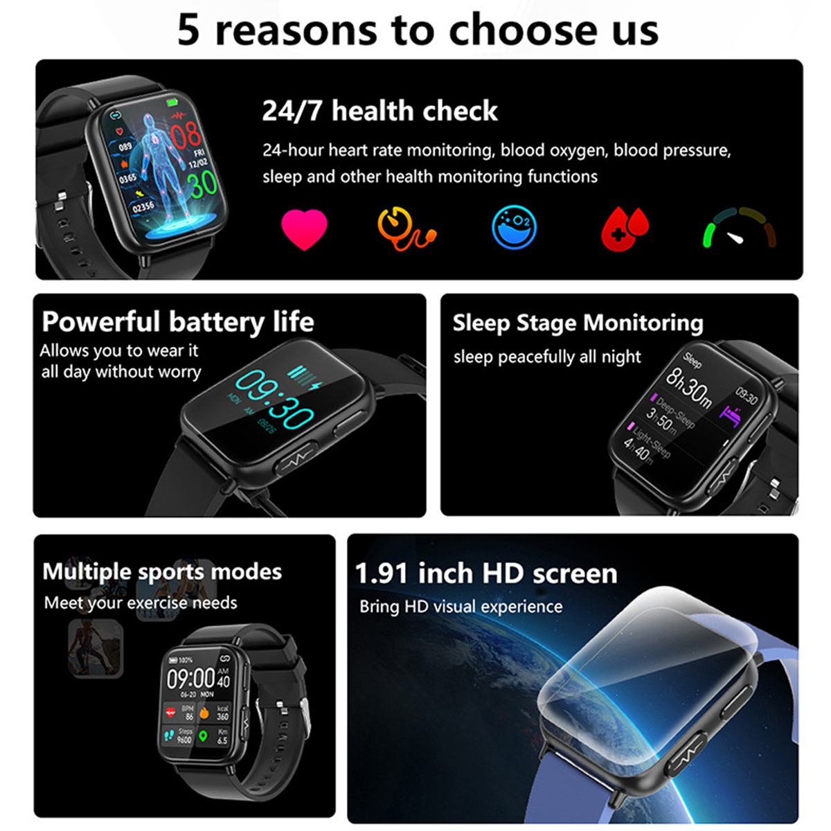 Smartwatch-Bildschirm mit Gesundheitsdaten. Es werden auch mehrere Symbole mit Text angezeigt. Der Hintergrund ist weiß.