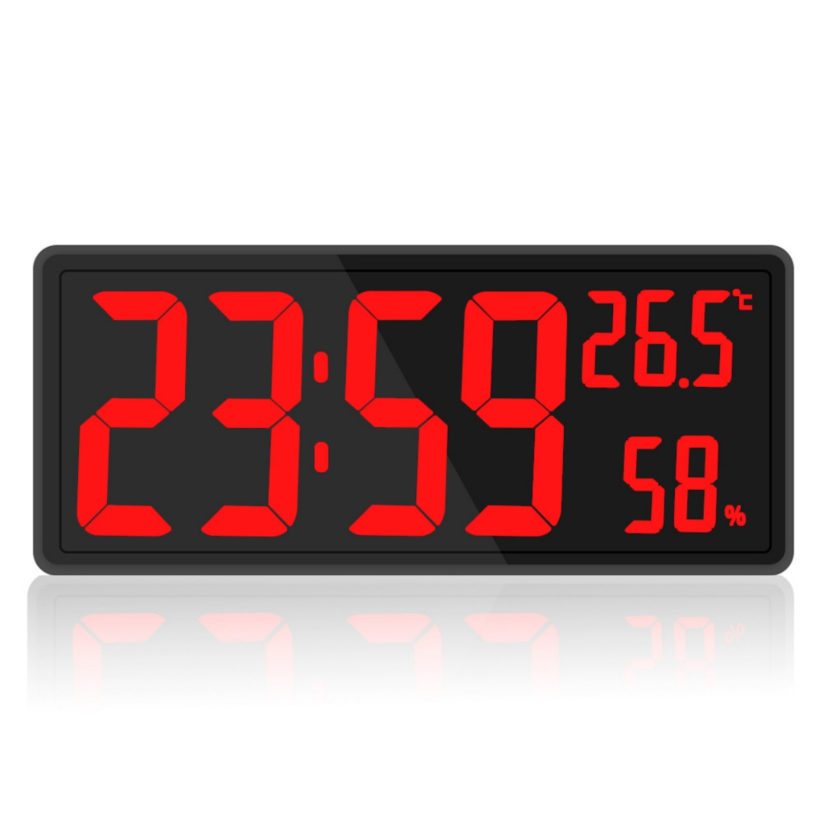 Eine Digitaluhr mit roten Ziffern auf schwarzem Hintergrund, die Zeit, Temperatur und Luftfeuchtigkeit anzeigt.