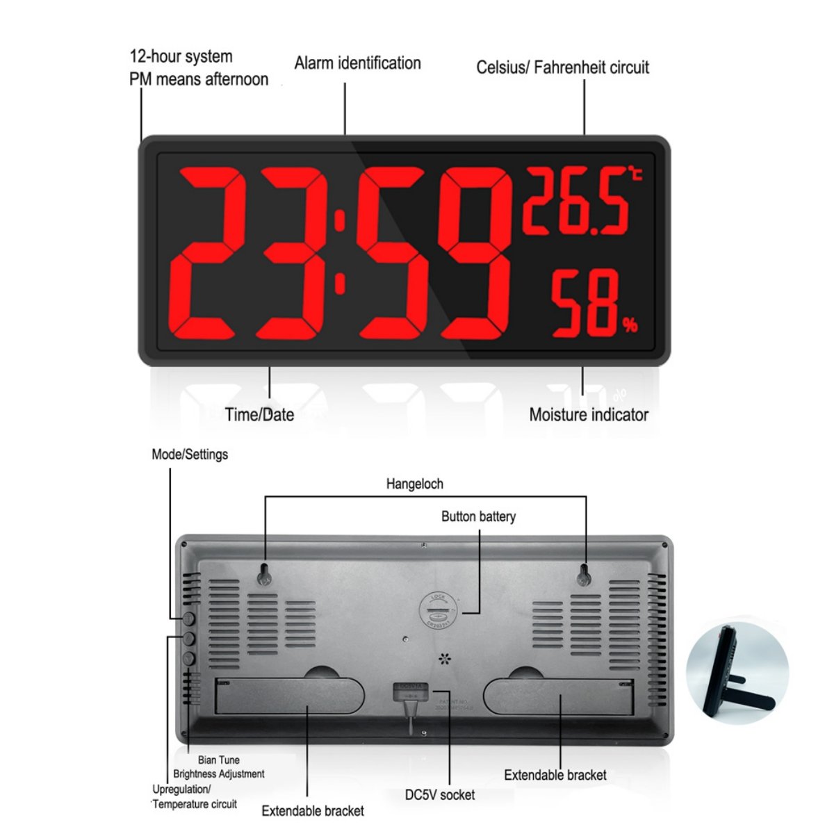 Eine Digitaluhr, die Zeit, Datum und Temperatur anzeigt, mit Anmerkungen zu ihren Funktionen.