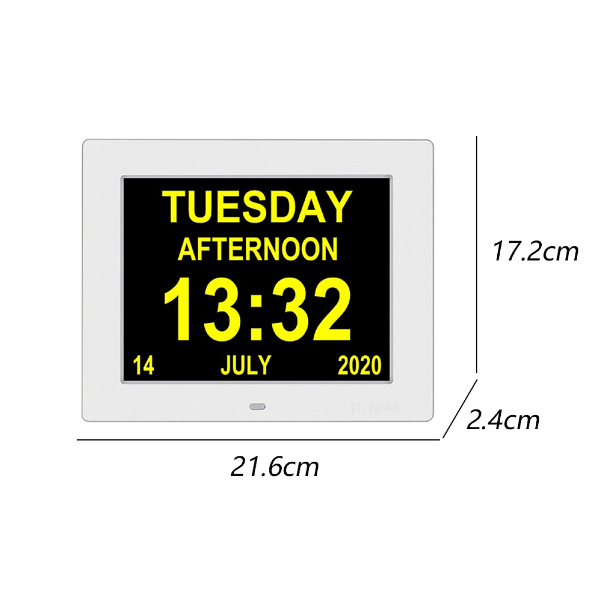 Digitaler Kalender zeigt Dienstag Nachmittag, 13:32, 14. Juli 2020, mit Maßangaben.