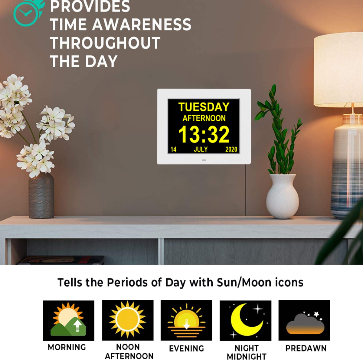 Digitale Uhr zeigt Zeit, Datum und Nachmittag. Die Uhr steht auf einem Regal mit Blumen. Text lautet: Zeitbewusstsein.