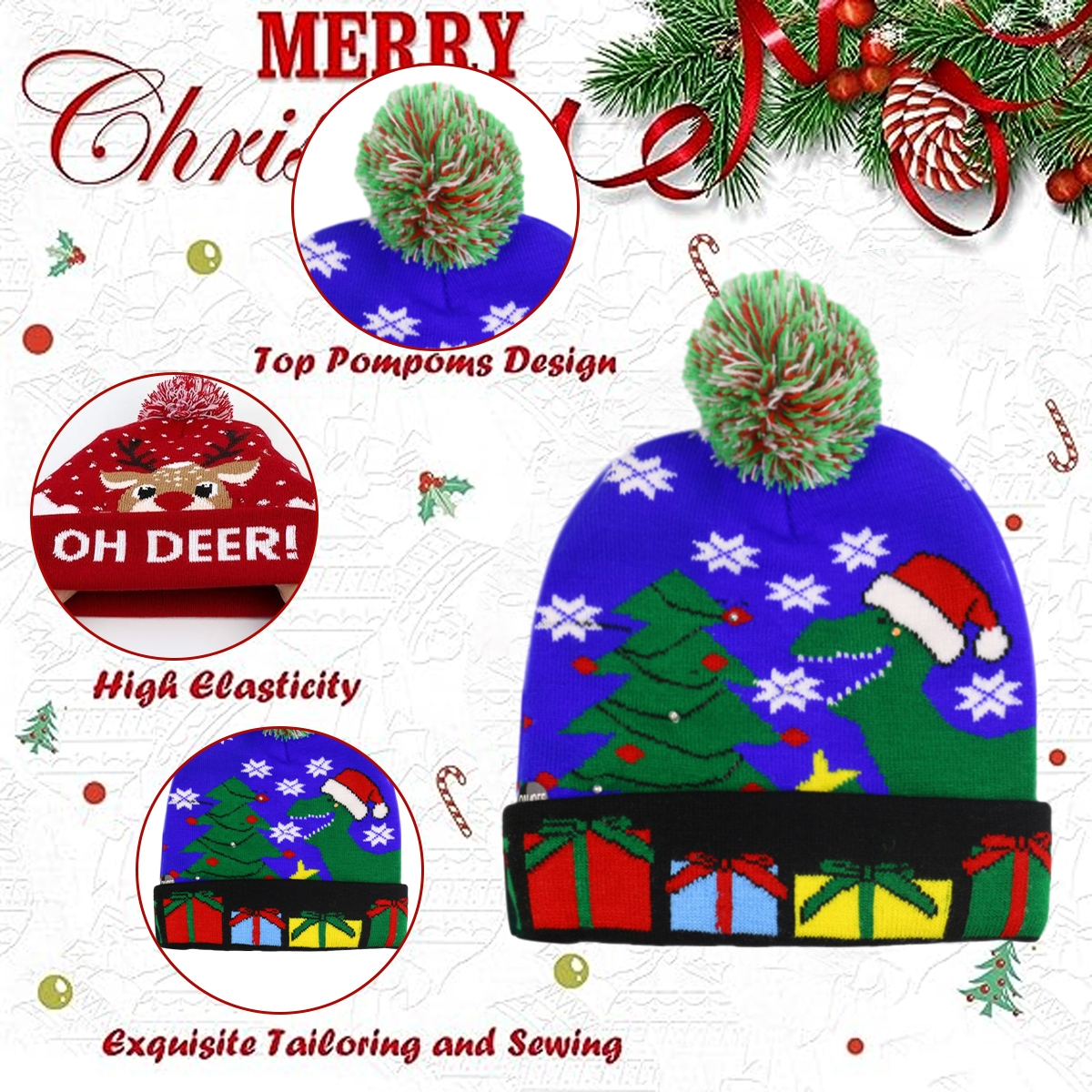 Eine blaue Weihnachtsmütze mit grünem Bommel, Dinosaurier- und Weihnachtsbaum-Design. Geschenke und Schneeflocken inklusive.