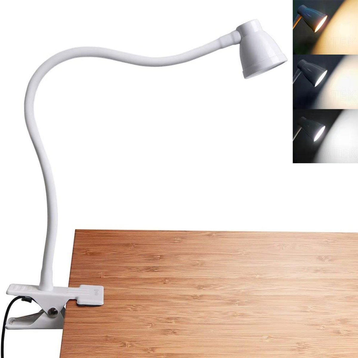 Weiße Schreibtischlampe mit flexiblem Hals, Klemmfuß, drei Lichteinstellungen.