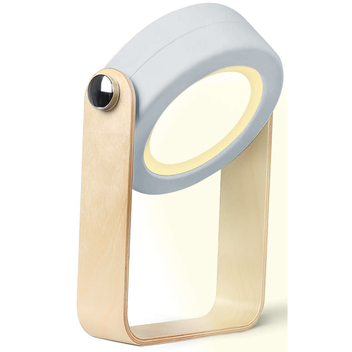 Eine moderne graue und Holzlampe mit ovalem Licht und Holzsockel.
