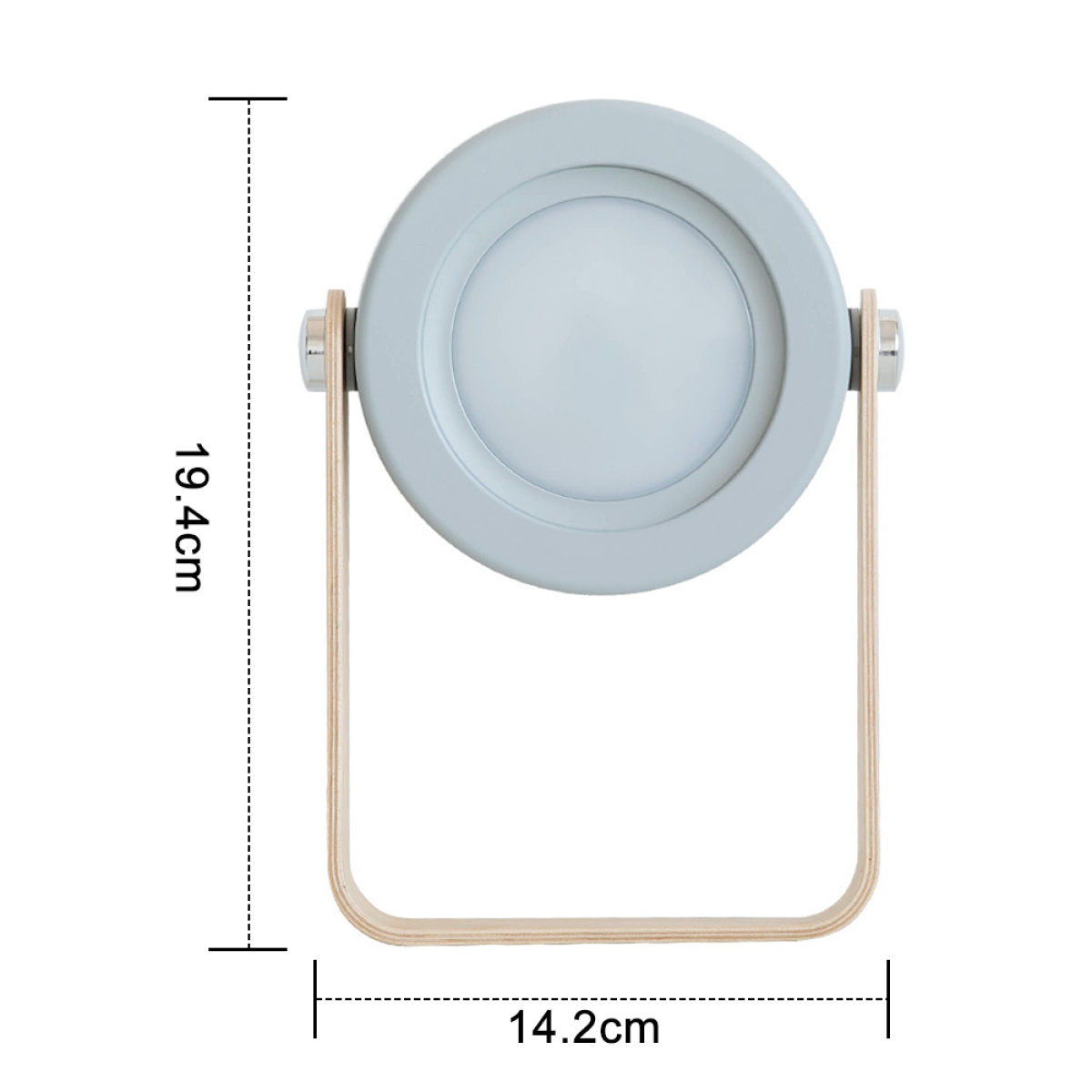 Eine hellblaue kreisförmige Lampe mit Holzgriff, mit Abmessungen in Zentimetern.