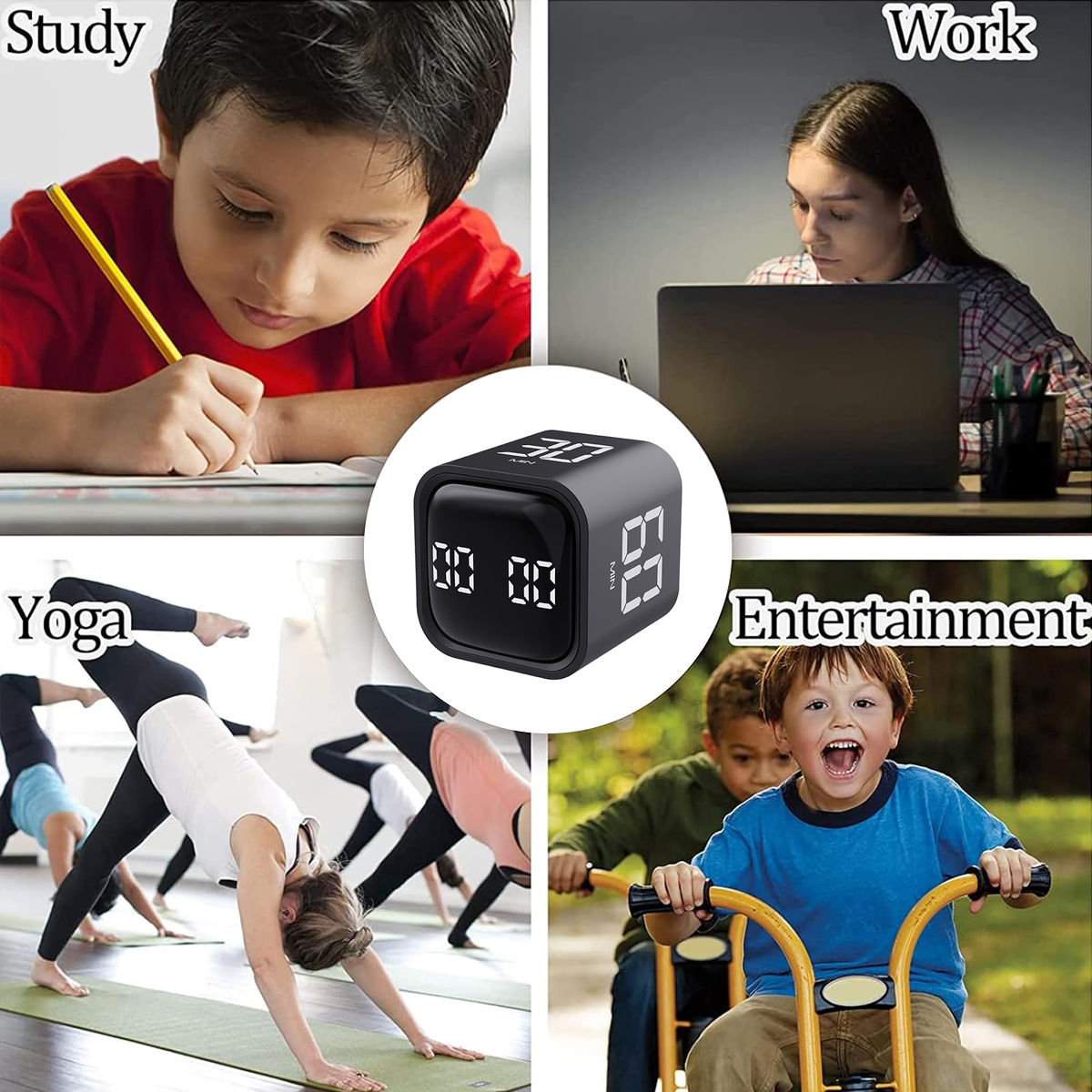 Schwarzer Würfel-Timer mit Digitalanzeige. Zeigt die Zeit an und zählt in vier Szenen herunter: Studium, Arbeit, Yoga und Unterhaltung.