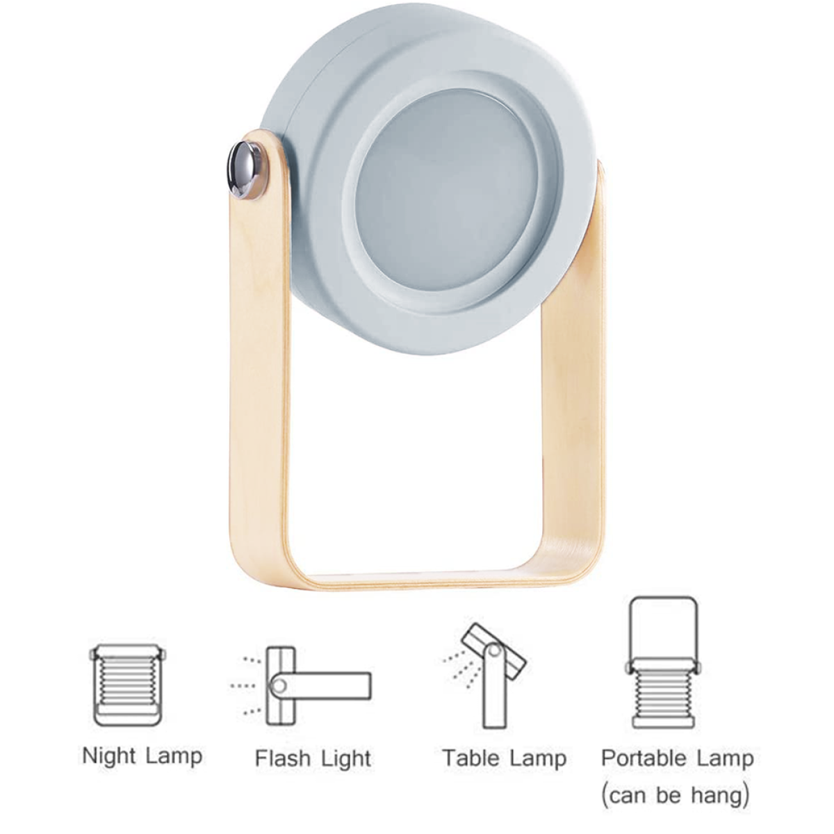 Eine tragbare Lampe mit weißem Licht und Holzgriff, dargestellt mit ihren verschiedenen Funktionen.