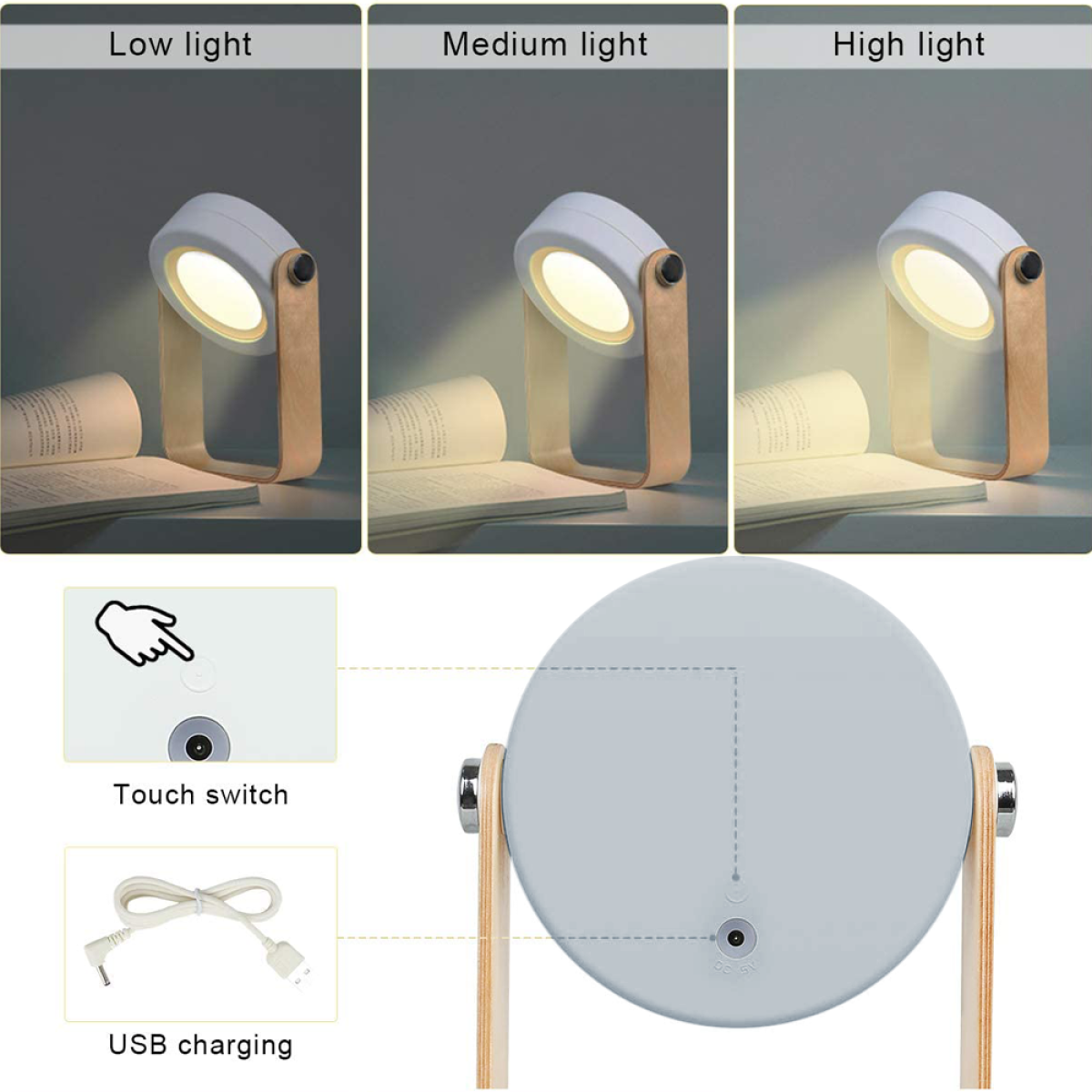 Drei Lampen mit unterschiedlichen Lichtstärken: niedrig, mittel und hoch. Zeigt auch den Berührungsschalter und das USB-Laden.