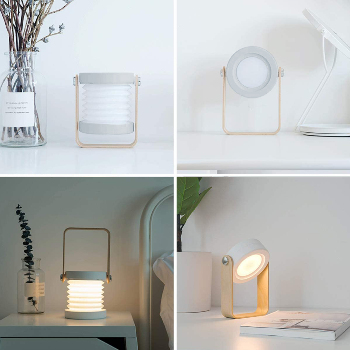 Vier Bilder: eine Laterne mit Holzrahmen, eine runde Lampe, eine beleuchtete Laterne und eine Lampe.