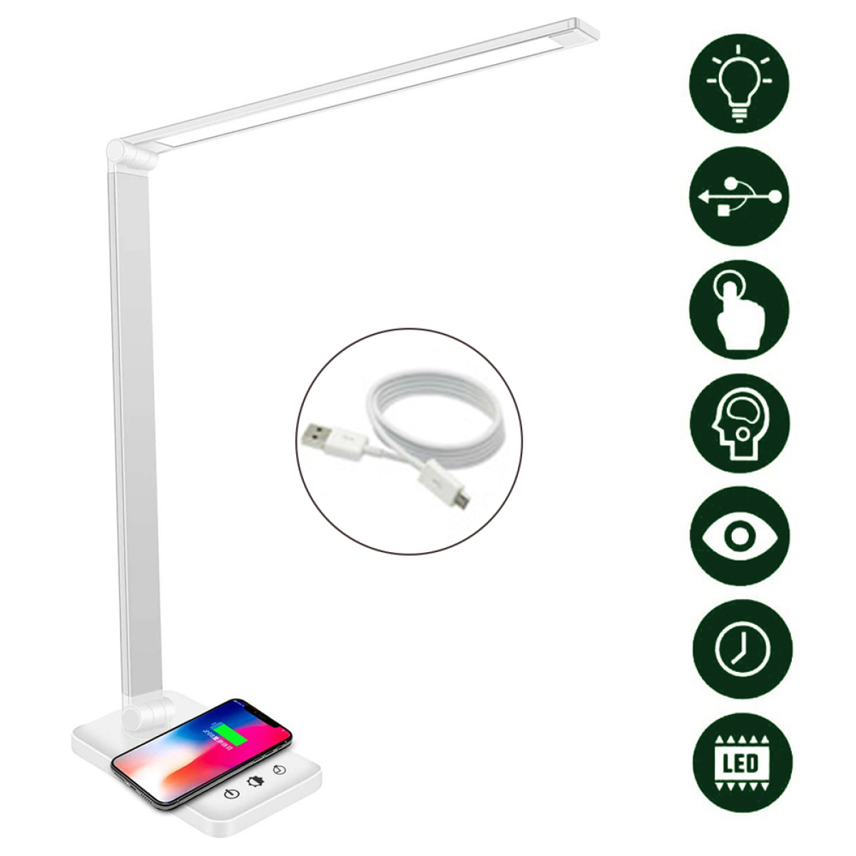 Weiße Schreibtischlampe mit kabelloser Ladestation und Ladekabel. Symbole und Smartphone sichtbar.