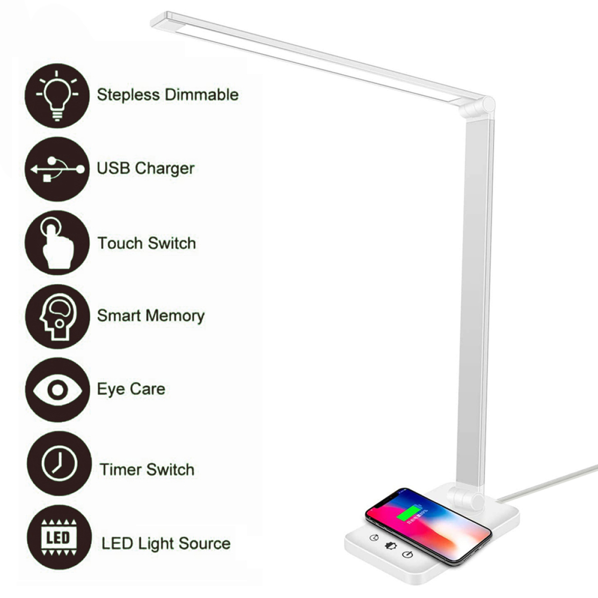 Weiße Schreibtischlampe mit verschiedenen Symbolen für Funktionen. Ein Telefon wird auf der Basis geladen.