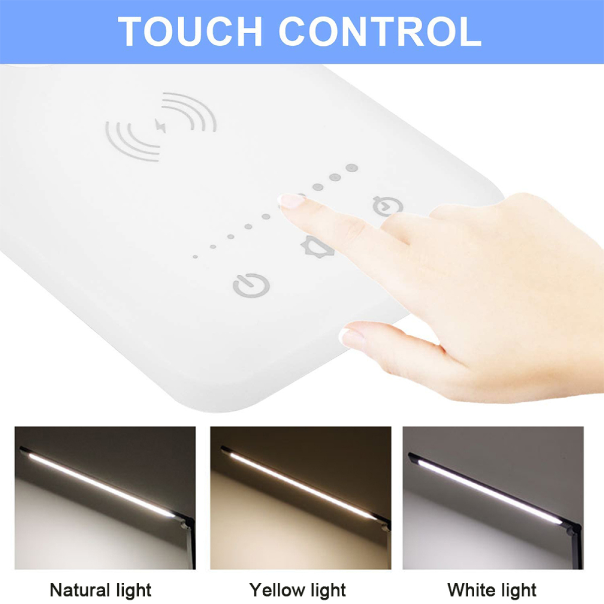 Die Hand einer Person berührt ein weißes Bedienfeld mit Touch-Steuertasten. Es gibt drei Lichteinstellungen.