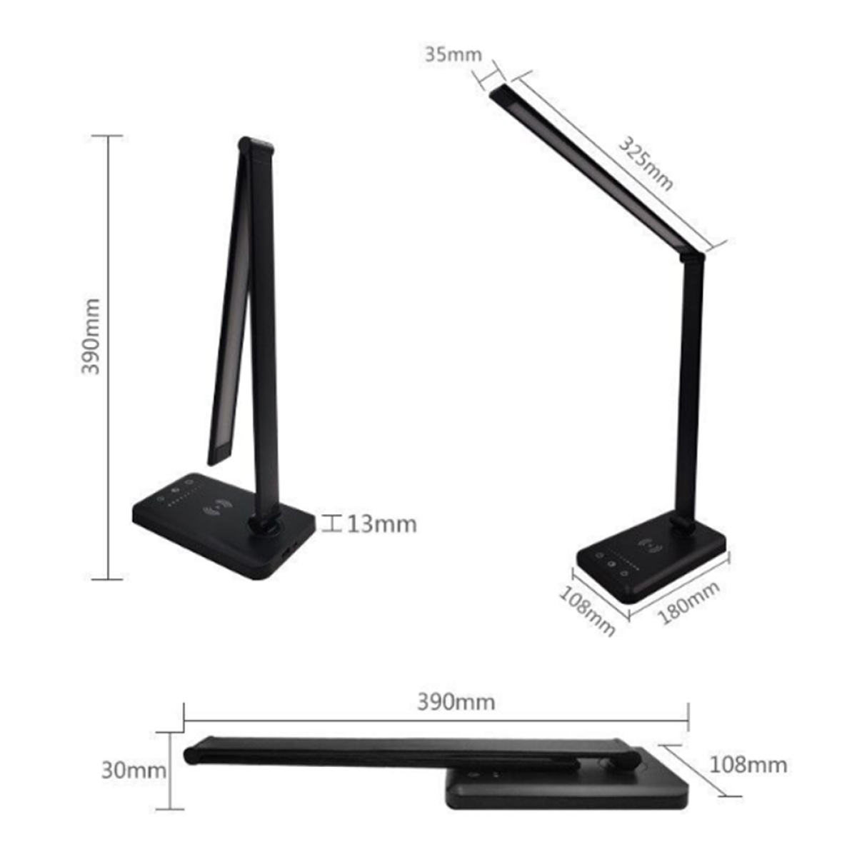 Diagramm mit Abmessungen einer schwarzen LED-Schreibtischlampe. Enthält Messungen von Höhe, Breite und Dicke.