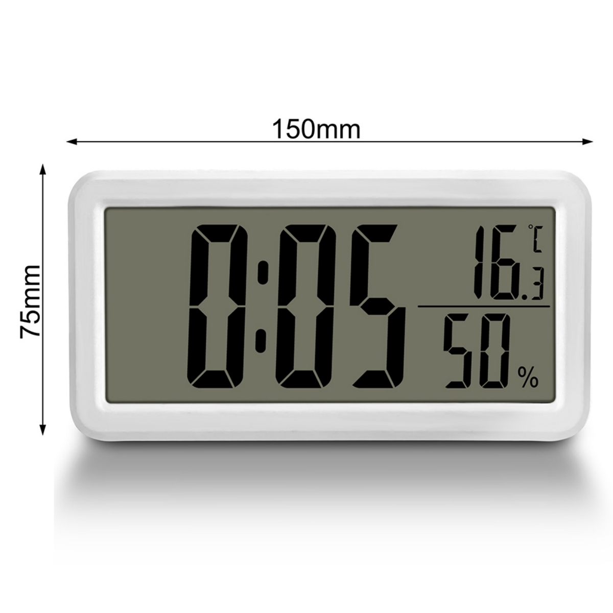 Digitaluhr mit Zeit, Temperatur und Luftfeuchtigkeit. Weißer Rahmen, schwarze Zahlen.
