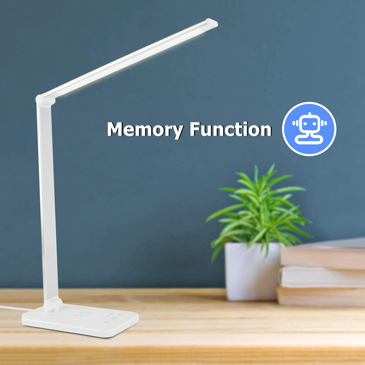 Weiße Schreibtischlampe auf Holzoberfläche. Sie hat ein langes, dünnes Licht. Text: Memory Function. Pflanze und Bücher im Hintergrund.