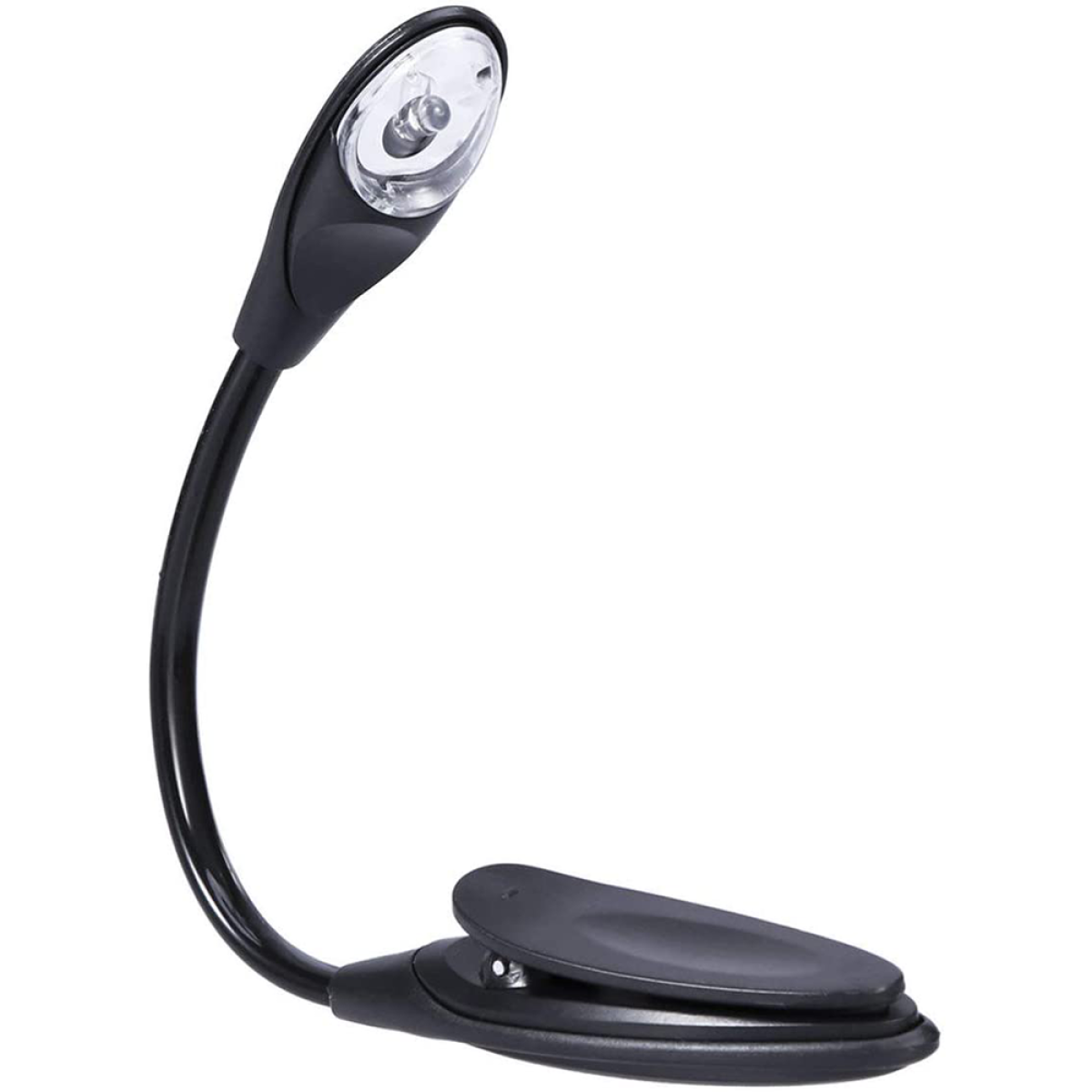 Schwarze Clip-on-Leselampe mit flexiblem Hals und klarer Glühbirne.