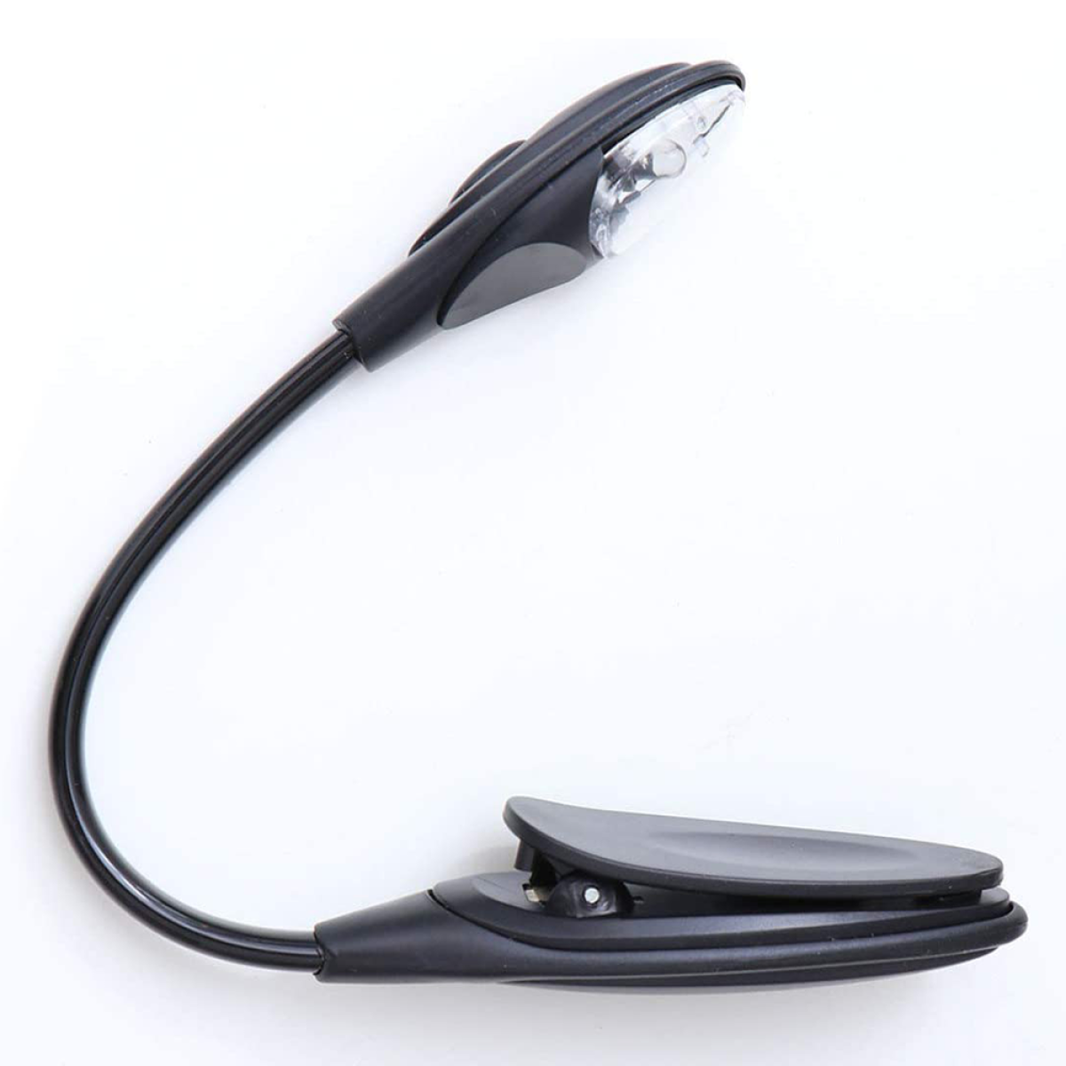 Schwarze Clip-Leseleuchte mit flexiblem Hals und hellem, kleinem LED-Licht am Ende.