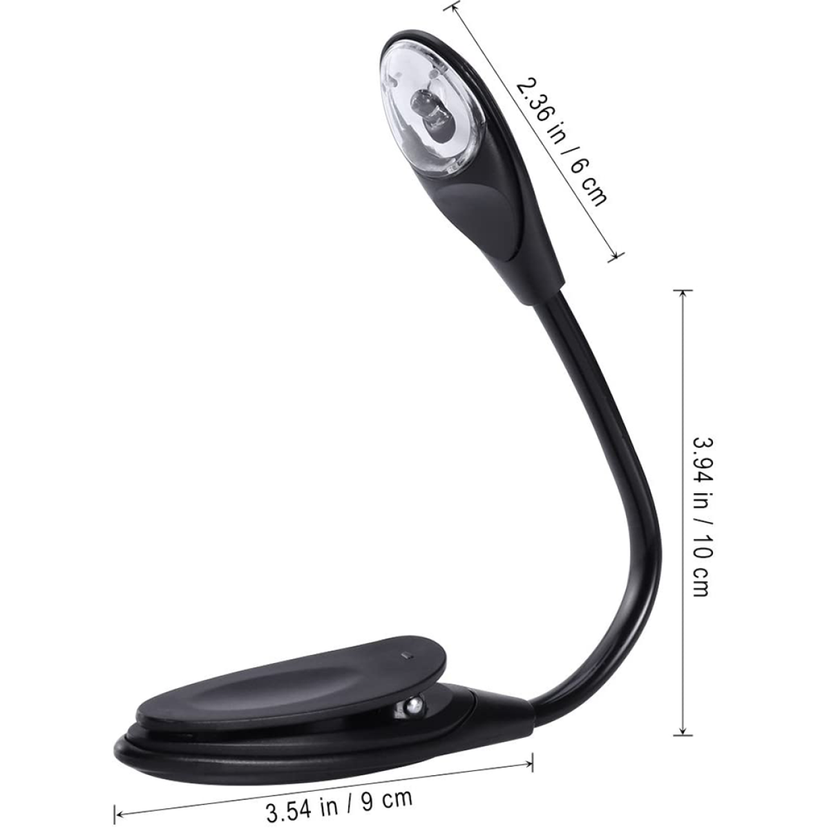 Schwarzes Leselicht. Es hat einen flexiblen Arm und einen Clip. Die Lichtquelle befindet sich oben.
