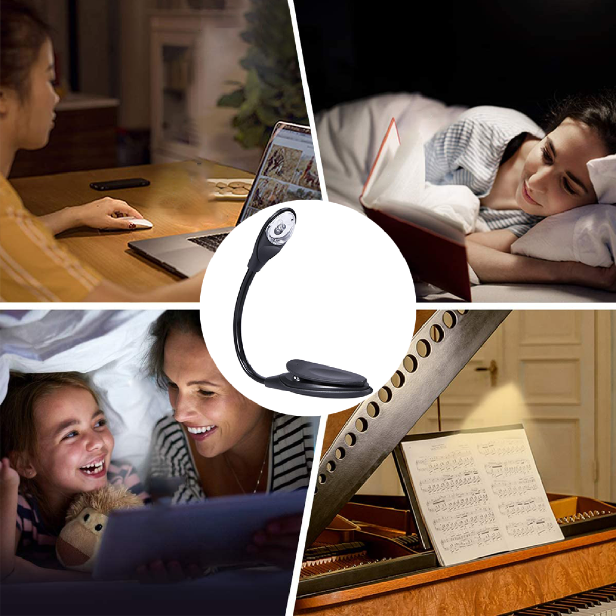 Das Bild zeigt Szenen der Verwendung einer Buchlampe: Lesen im Bett, Arbeiten am Laptop, Noten lesen.