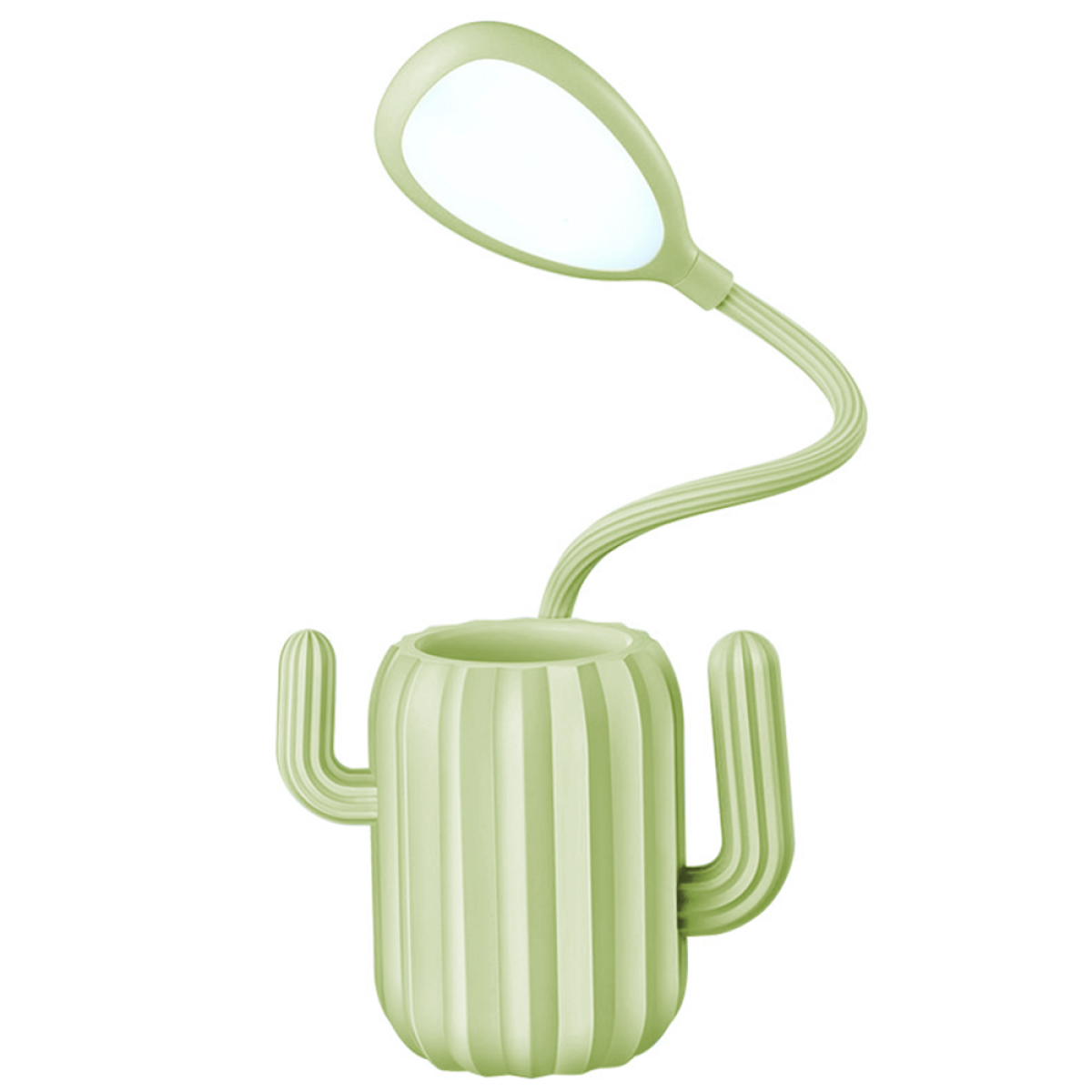 Eine hellgrüne, kaktusförmige Schreibtischlampe mit ovalem Licht und Stifthalter.