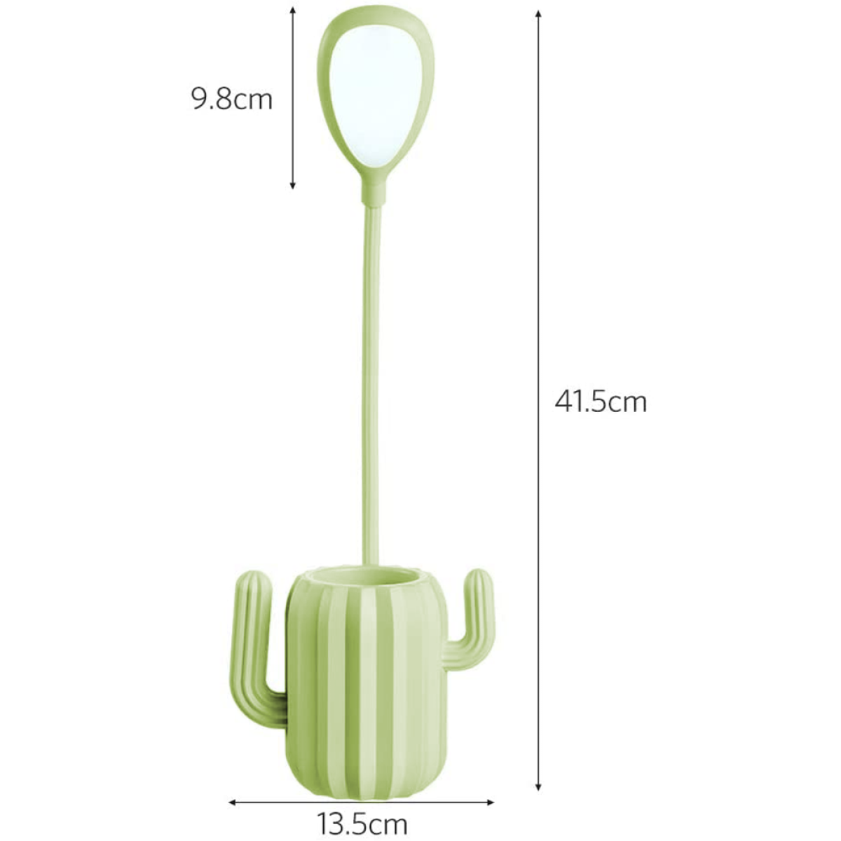 Eine grüne Kaktus-Lampe mit Beschriftungen: 9,8 cm, 13,5 cm und 41,5 cm. Auf weißem Hintergrund.