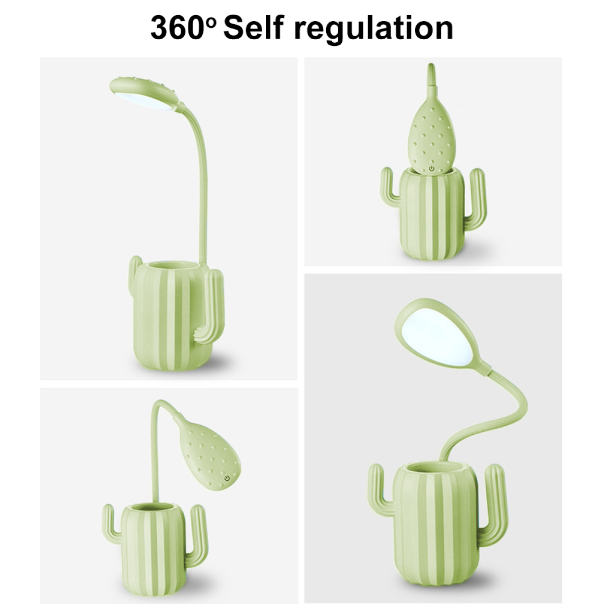 Vier Ansichten einer grünen, kaktusförmigen Schreibtischlampe. Die Lampe hat einen flexiblen Hals und ein Licht am Ende.