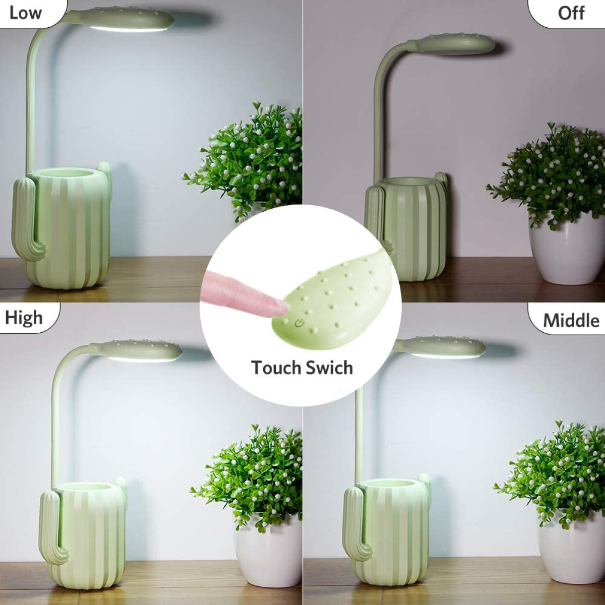 Kaktusförmige Schreibtischlampe mit niedriger, ausgeschalteter, hoher und mittlerer Lichteinstellung, mit Deko.