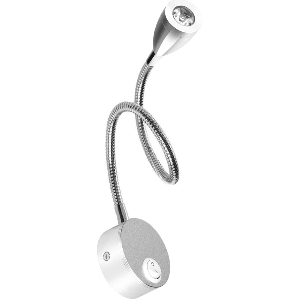 Silberne Schwanenhals-LED-Lampe an einer Wand montiert, mit Schalter.