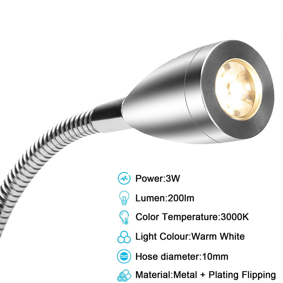 Silberner Schwanenhalslampenkopf mit Licht. Textinfo: Leistung 3W, Lumen 200lm, Farbtemp. 3000K.