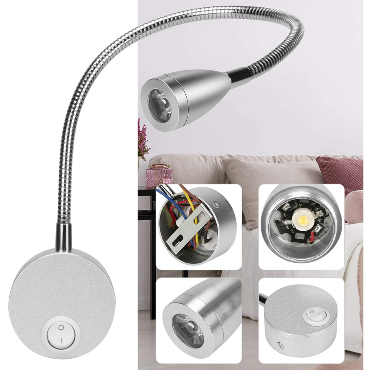 Eine silberne Nachttischlampe mit flexiblem Hals und Schalter am Sockel. Detaillierte Ansichten der Lampe sind dargestellt.
