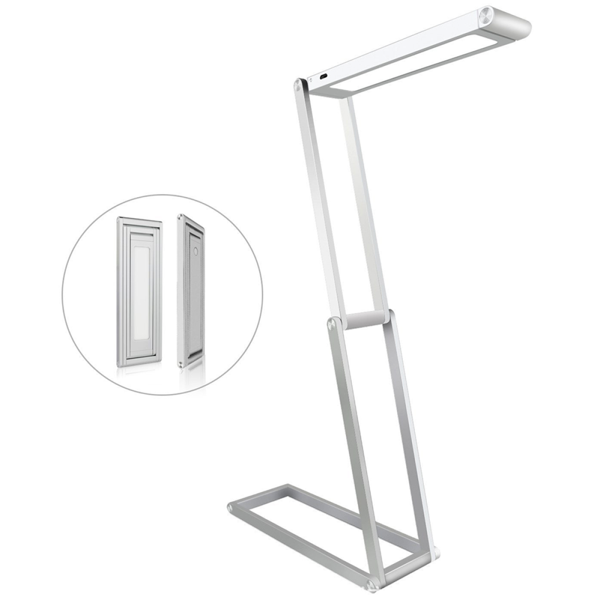 Silberne LED-Schreibtischlampe, verstellbar mit rechteckiger Lichtquelle. Zwei Seitenansichten werden ebenfalls gezeigt.