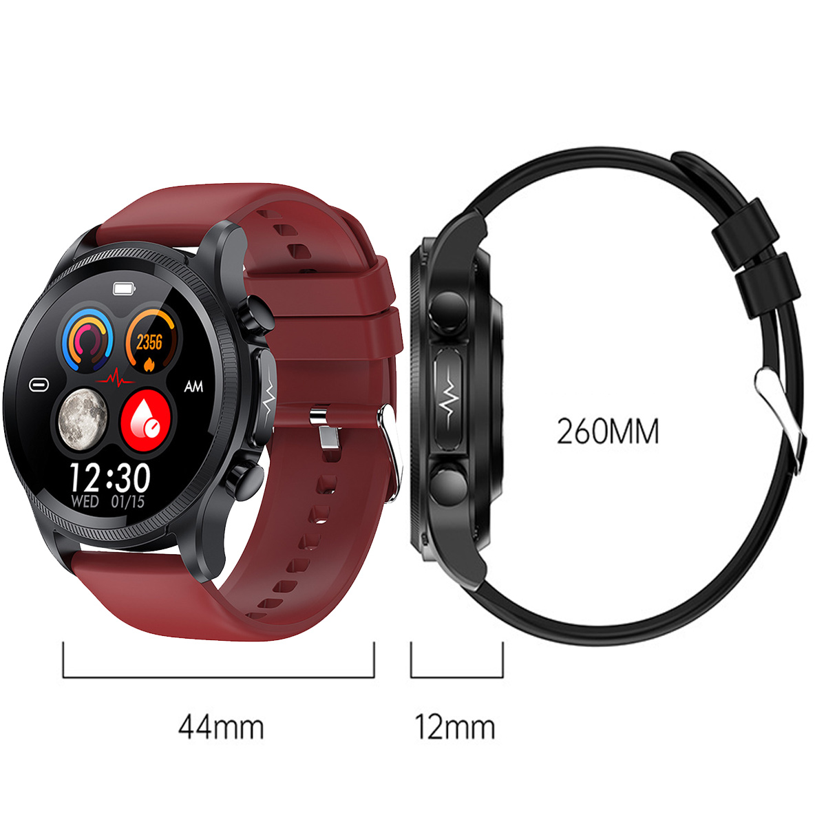 Eine schwarze Smartwatch mit rotem Armband. Zeigt Zeit, Herzfrequenz und Mondphasen an. Die andere Seite hat Knöpfe.