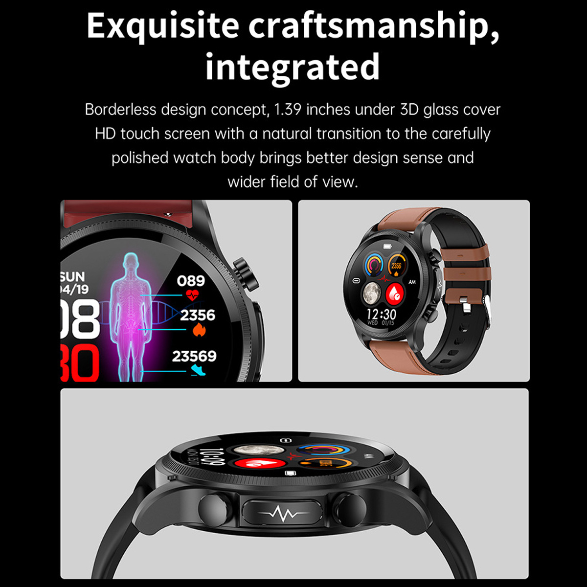 Smartwatch mit schwarzem Gehäuse und braunem Armband mit Gesundheitsdaten.