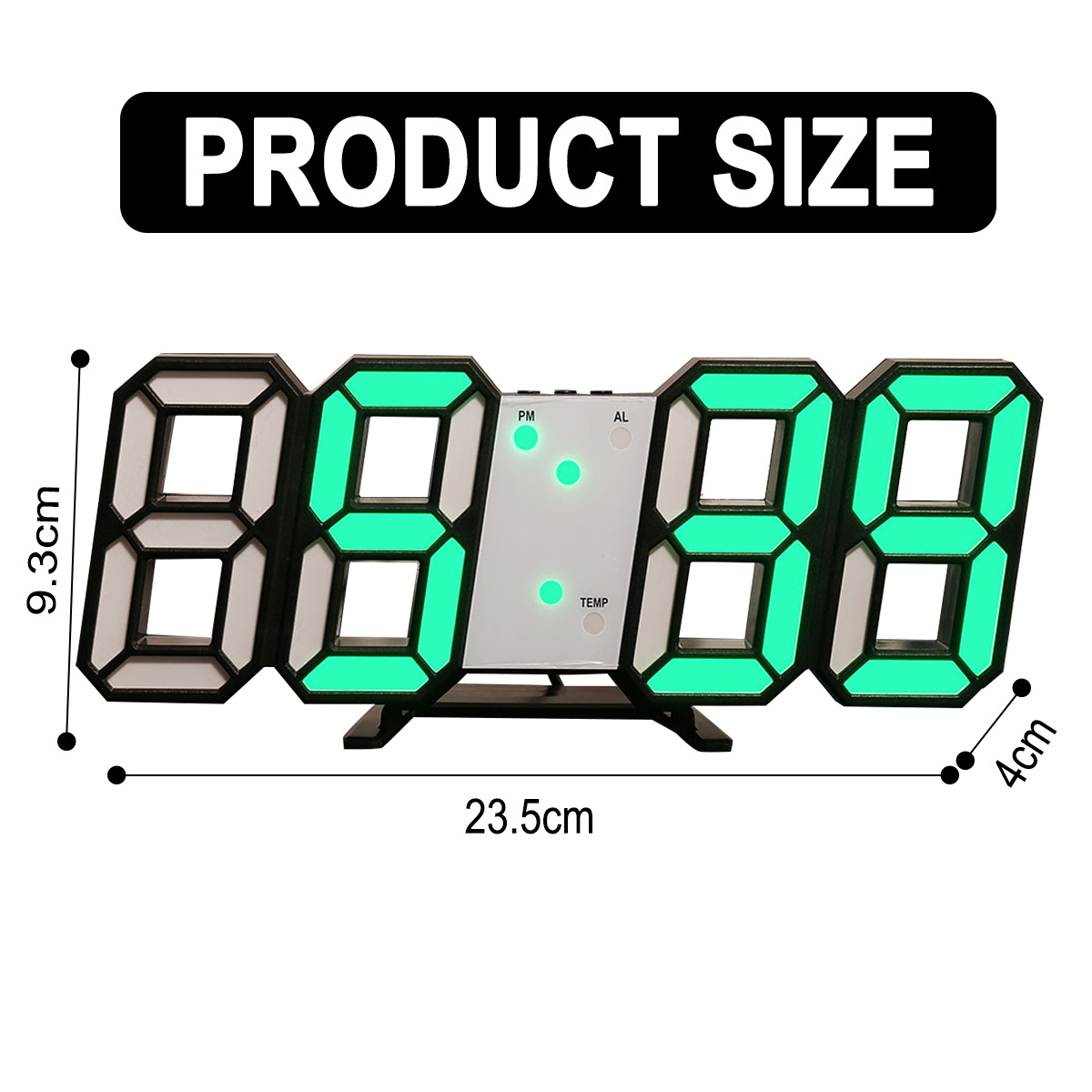 Digitaluhr mit grünen Zahlen. Produktabmessungen sind 23,5 cm x 9,3 cm x 4 cm. Schwarzer Rahmen.