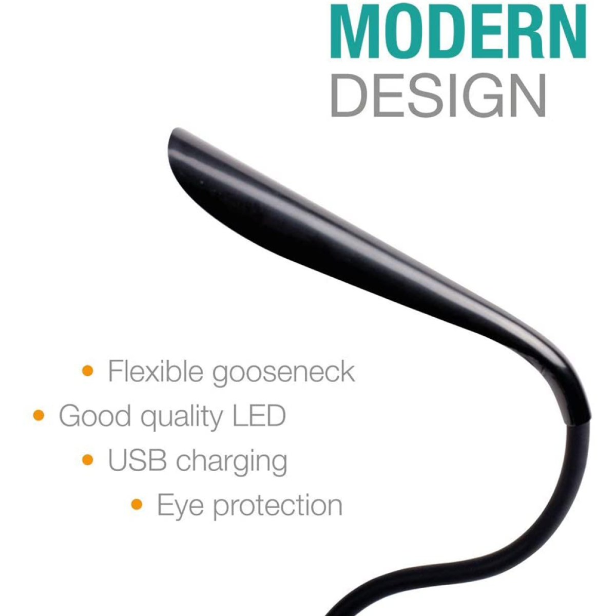 Schwarze Schwanenhalslampe mit Text 'MODERN DESIGN' und Eigenschaften: Flexibler Schwanenhals, LED, USB, Augenschutz.