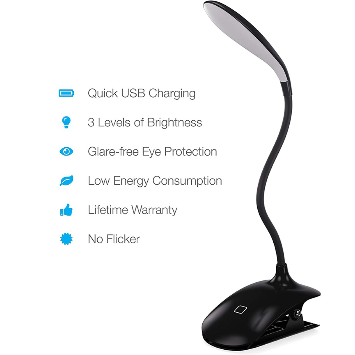 Schwarze Schreibtischlampe mit USB-Laden, 3 Helligkeitsstufen, Augenschutz und Garantie.