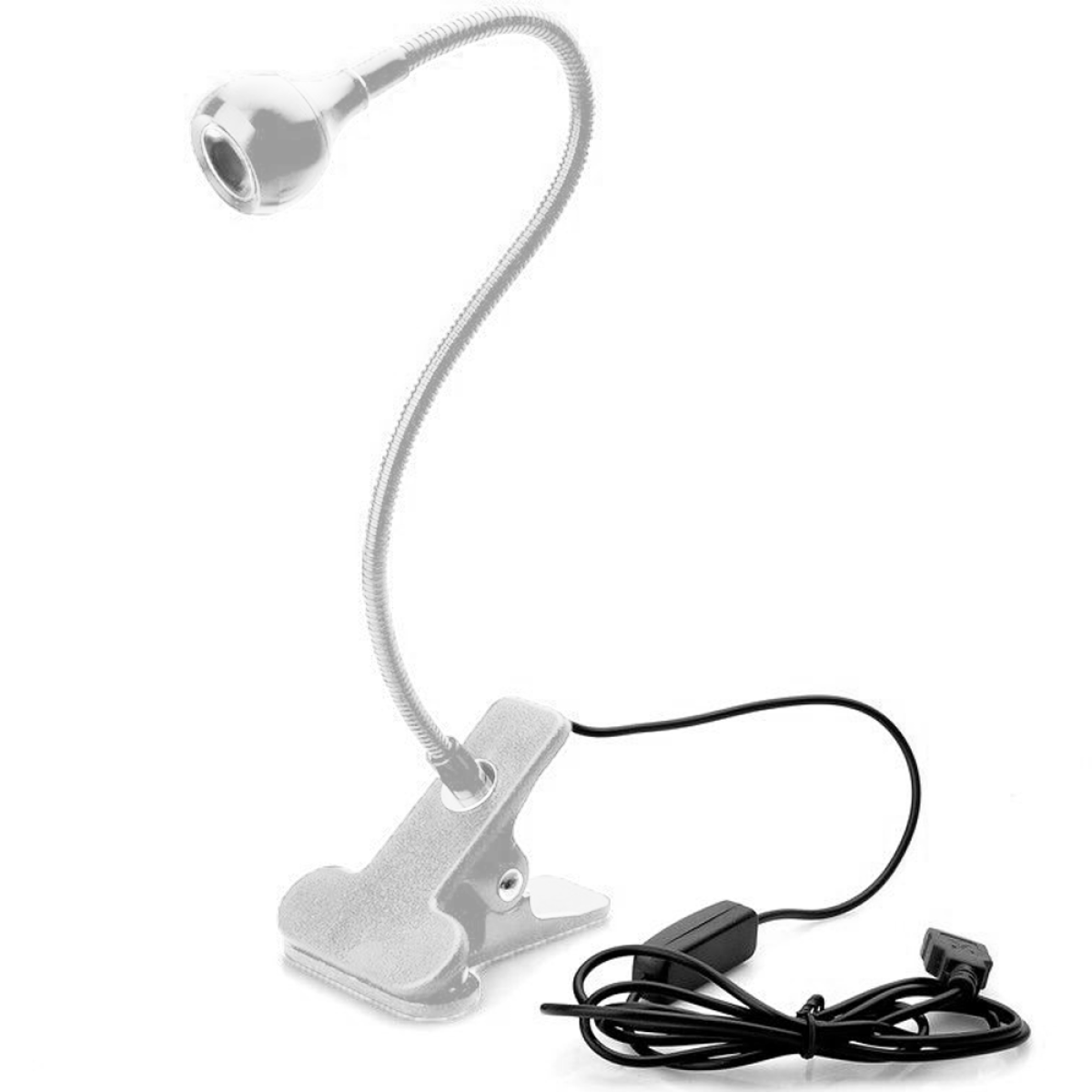 Flexible Silberlampe mit Clipfuß. Schwarzes Kabel und Stecker. Weißer Hintergrund.