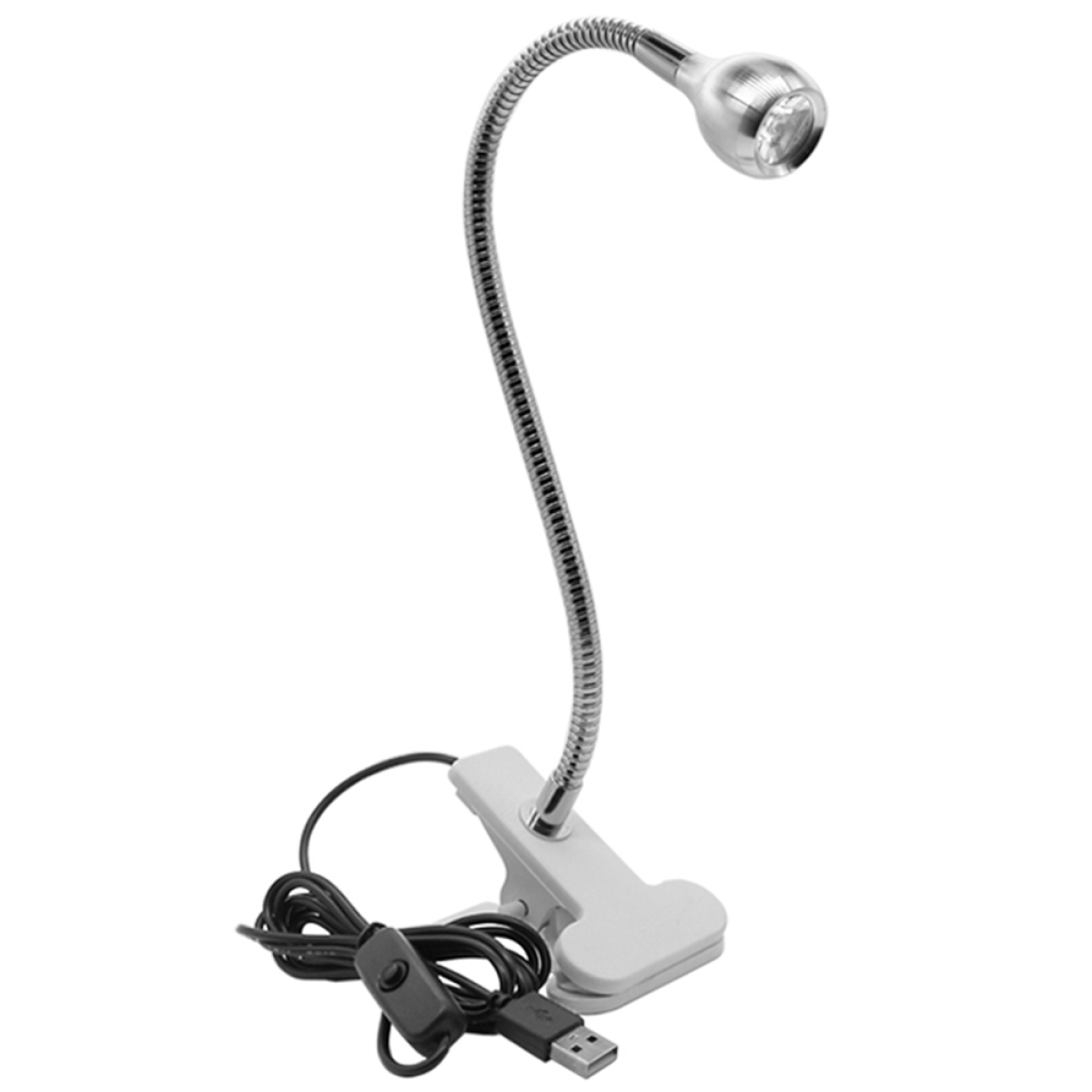 Eine flexible silberne Schreibtischlampe mit Clipfuß und USB-Stecker. Der Kopf der Lampe leuchtet.