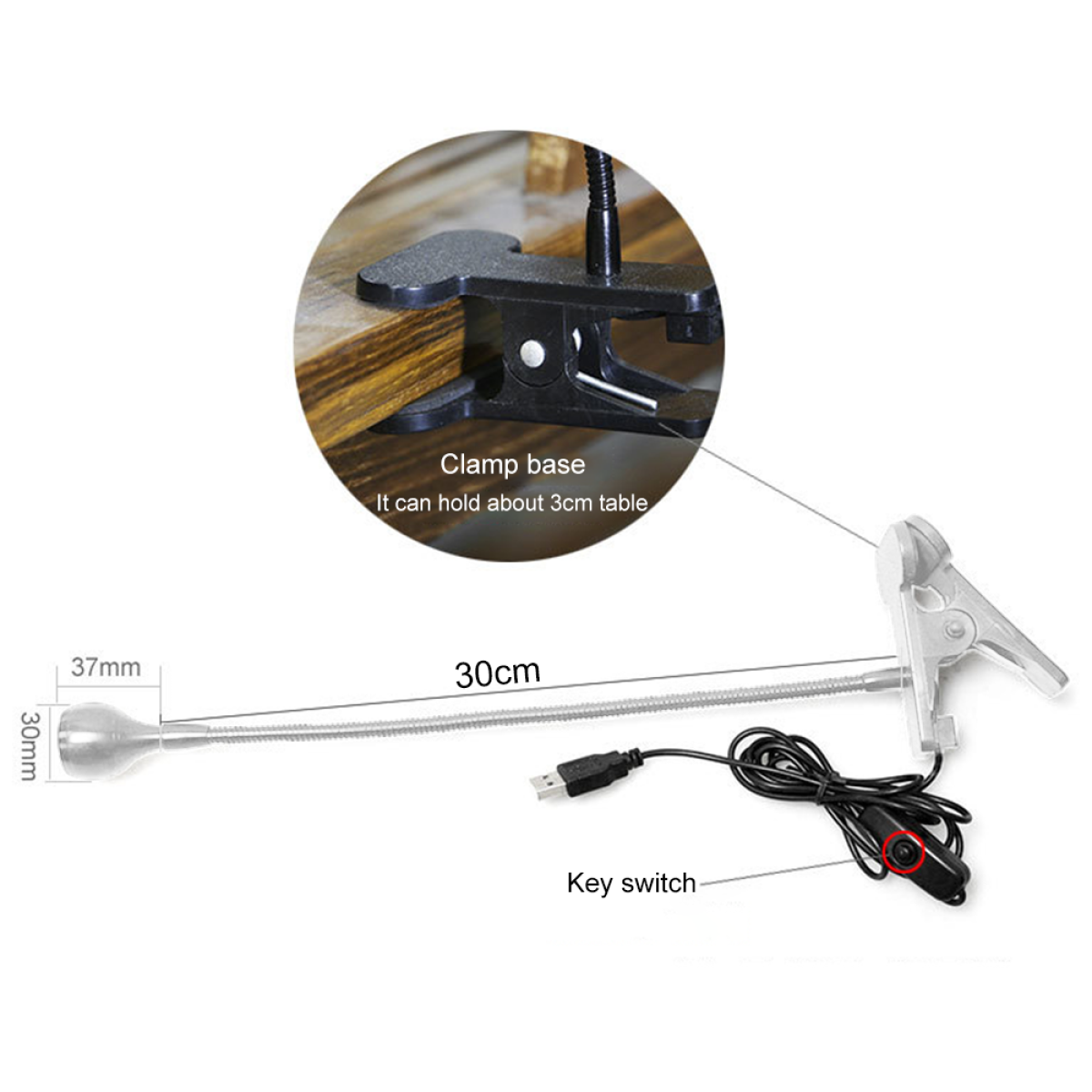 Eine Schreibtischlampe mit Klemmfuß, flexiblem Hals und USB-Anschluss.