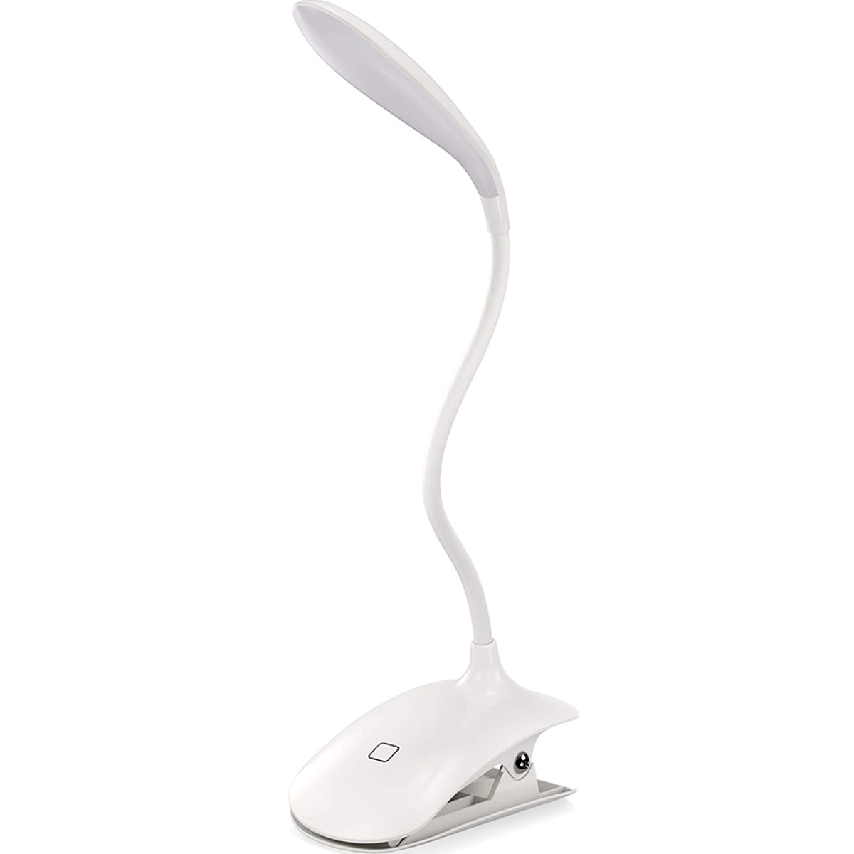 Weiße LED-Schreibtischlampe mit Clipfuß und flexiblem Schwanenhals. Die Lampe befindet sich auf weißem Hintergrund.
