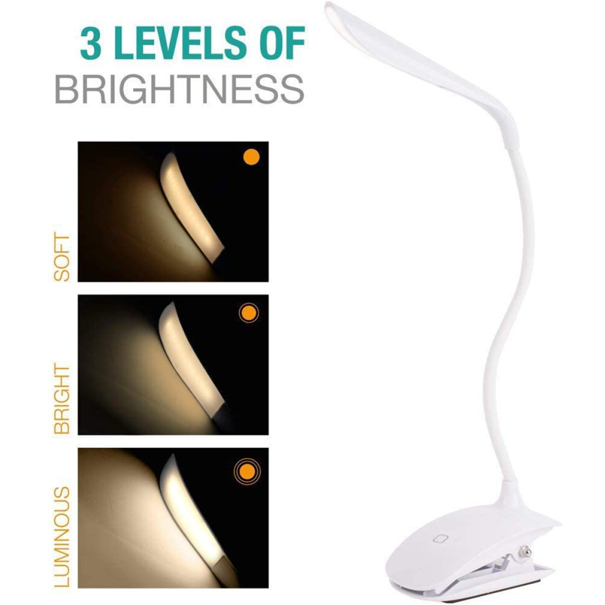 Eine weiße Schreibtischlampe mit drei Helligkeitsstufen: sanft, hell und leuchtend.
