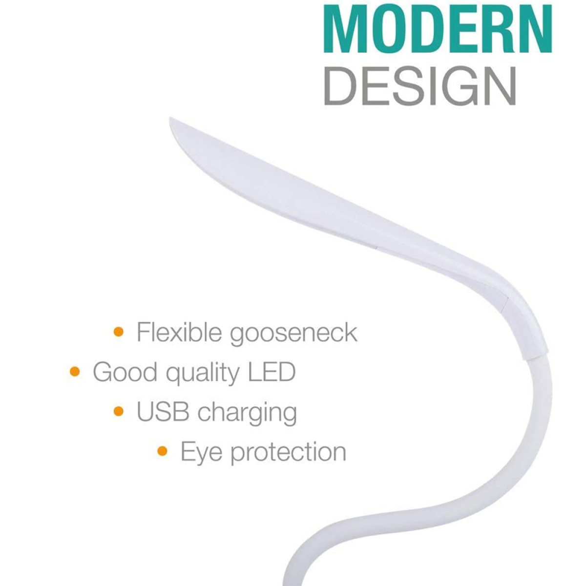 Eine weiße, moderne Schreibtischlampe mit flexiblem Schwanenhals, LED, USB-Aufladung und Augenschutz.