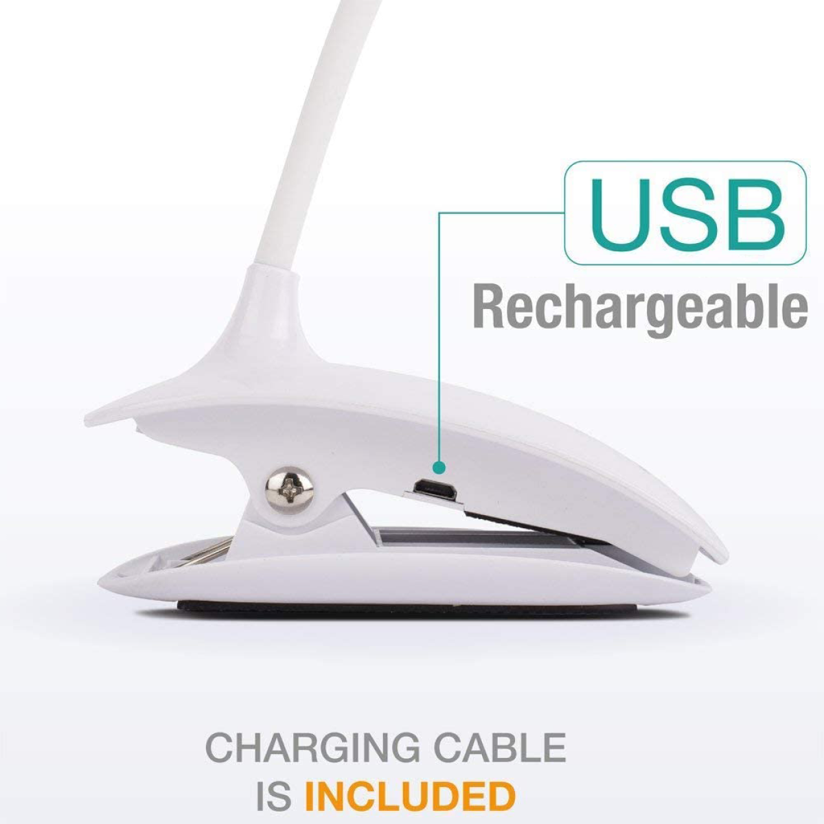 Eine weiße, über USB aufladbare Lampe hat eine Klammer. Das Ladekabel ist im Lieferumfang enthalten. Der Text USB Rechargeable ist sichtbar.