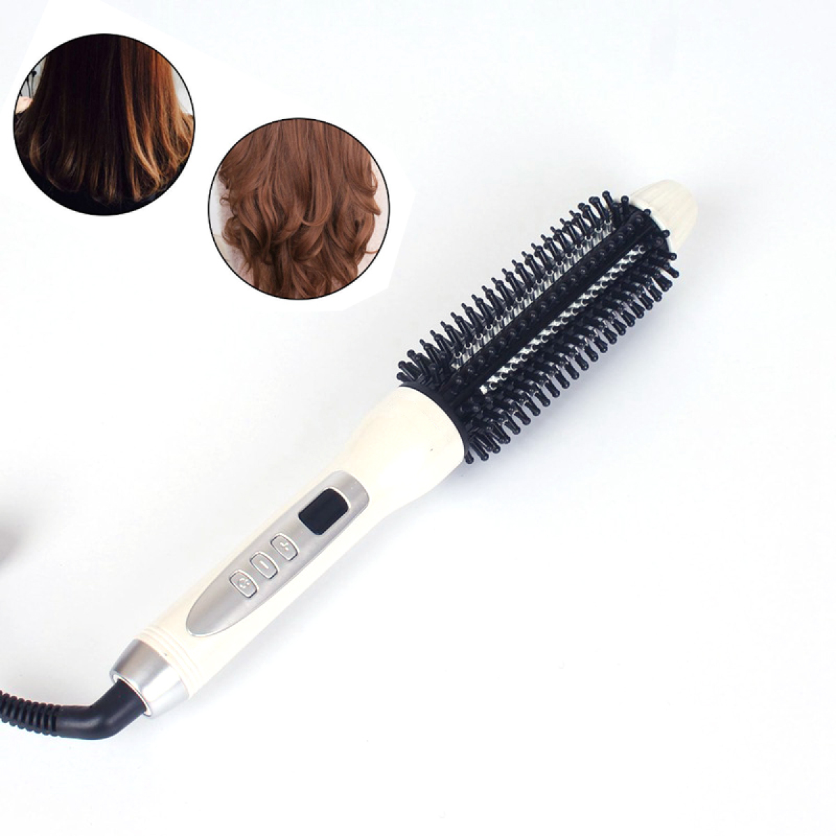 Haarcurler-Bürste mit Bildern von Frauenhaaren. Weißer Hintergrund.
